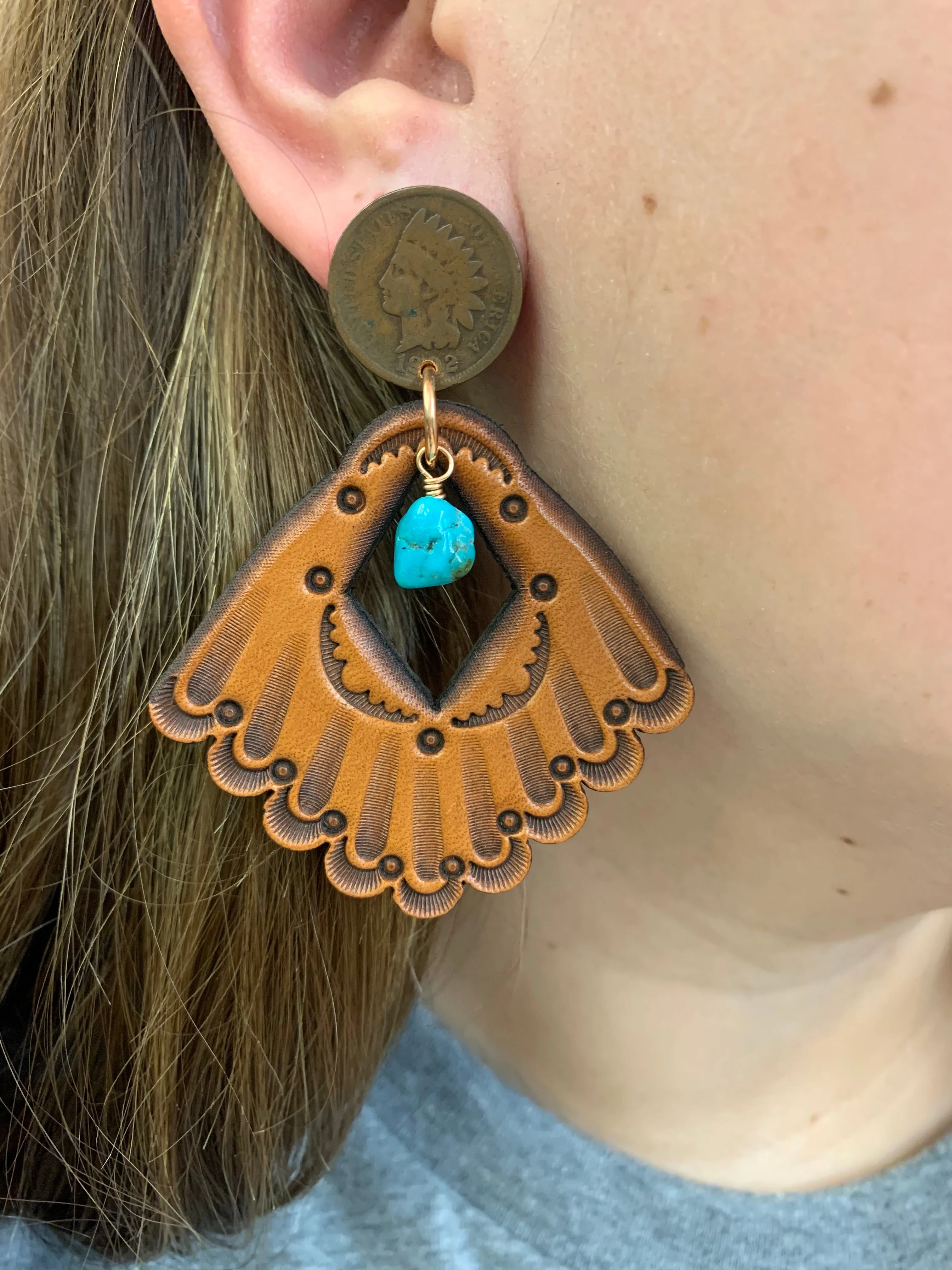 16130 Indian Penny Stud w/Lthr Cut Out Fan & Turq Earring
