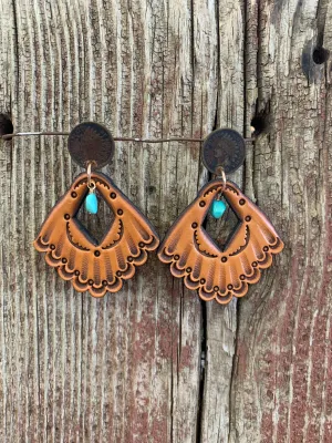 16130 Indian Penny Stud w/Lthr Cut Out Fan & Turq Earring