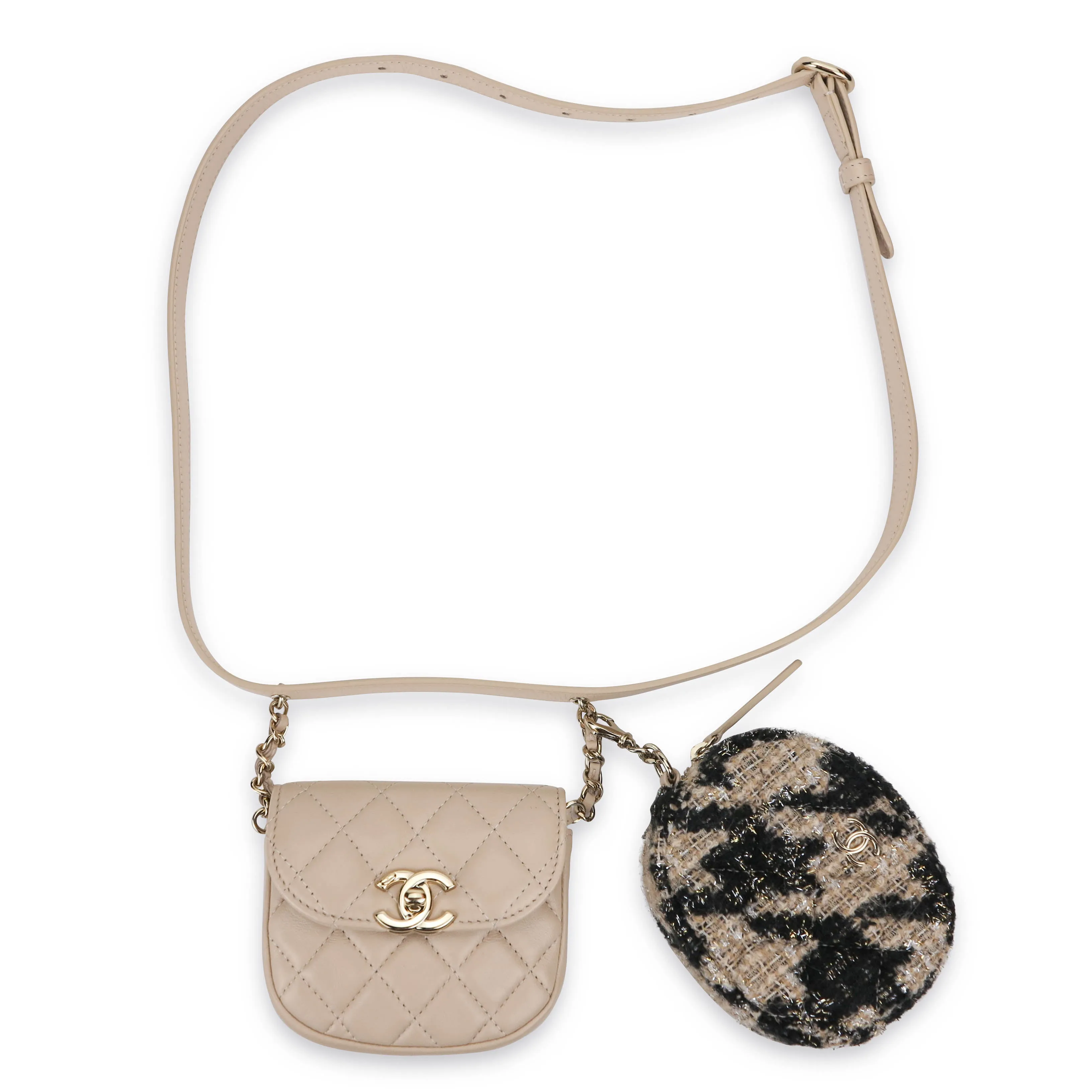 19K Beige Houndstooth Waist Belt Bag with Coin Purse