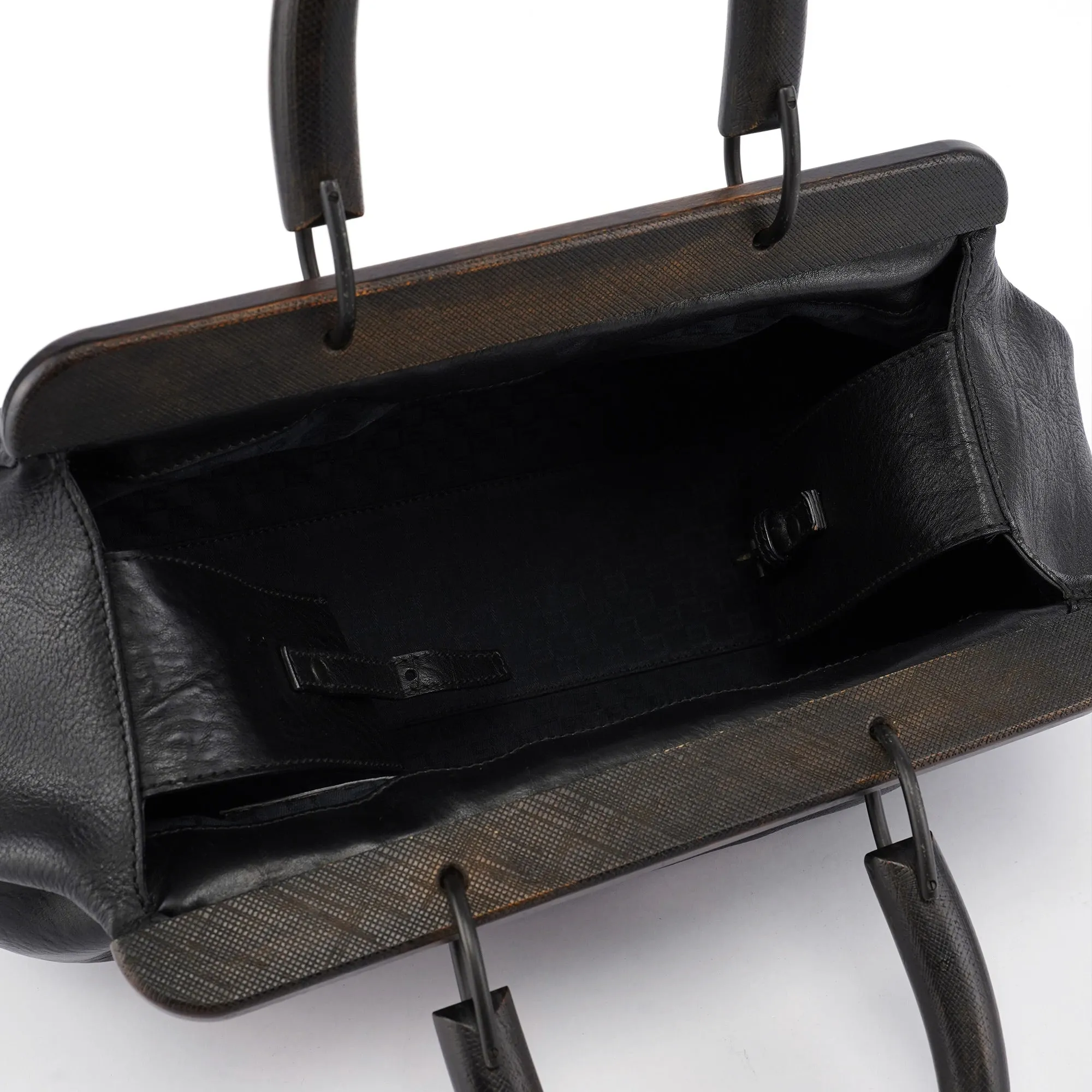 2002 Black Leather Runway Wood Handle Bag