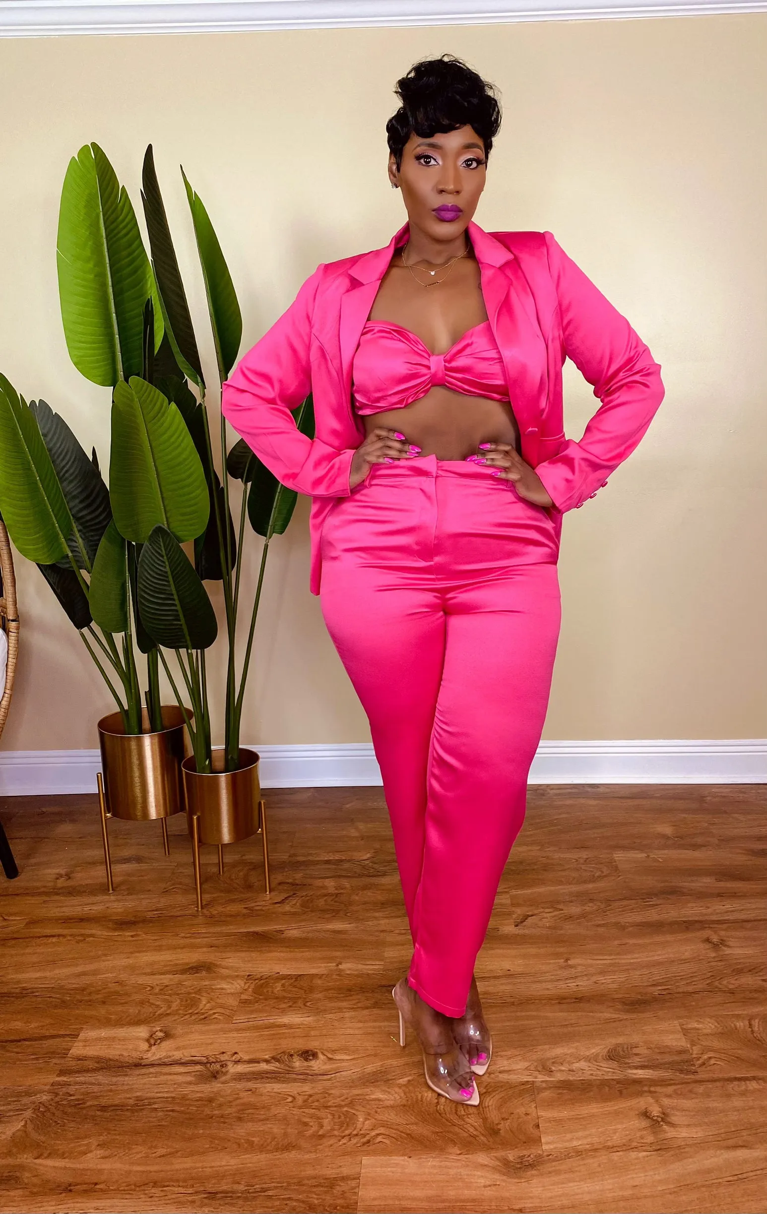 3 PC BOSS BABE PANTS SET "FUSCHIA"