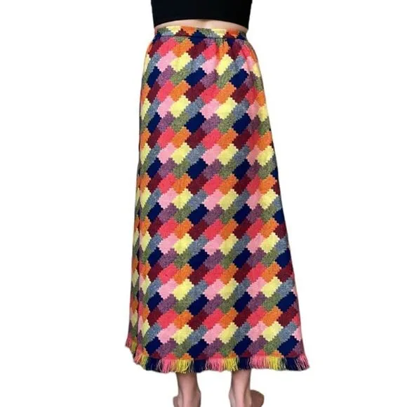 60’s VTG Tarmi Women Maxi Skirt Patchwork Boho Hippie Chic Fringe Hem Blanket Sm