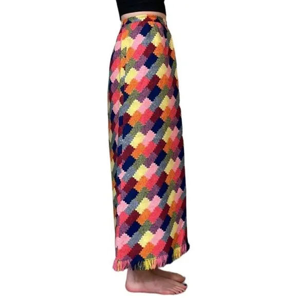 60’s VTG Tarmi Women Maxi Skirt Patchwork Boho Hippie Chic Fringe Hem Blanket Sm
