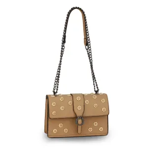 AG00630 - Nude Flap Crystal Cross Body Bag With Black Metal Work