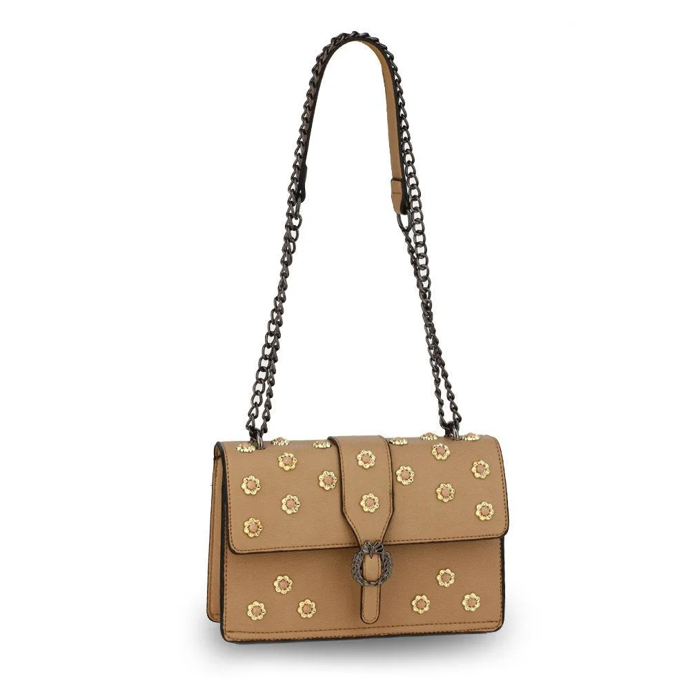 AG00630 - Nude Flap Crystal Cross Body Bag With Black Metal Work