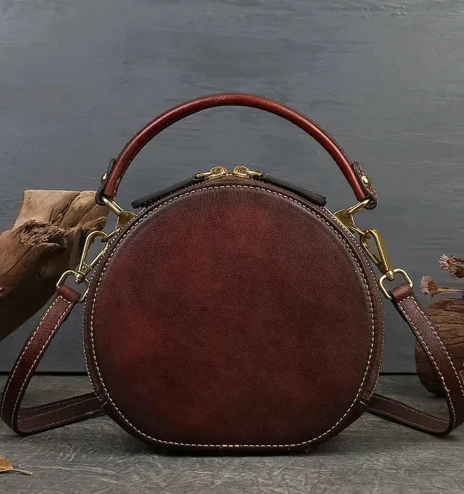Arcadia Embossed Leather Round Handbag Circle Crossbody Bag for Women