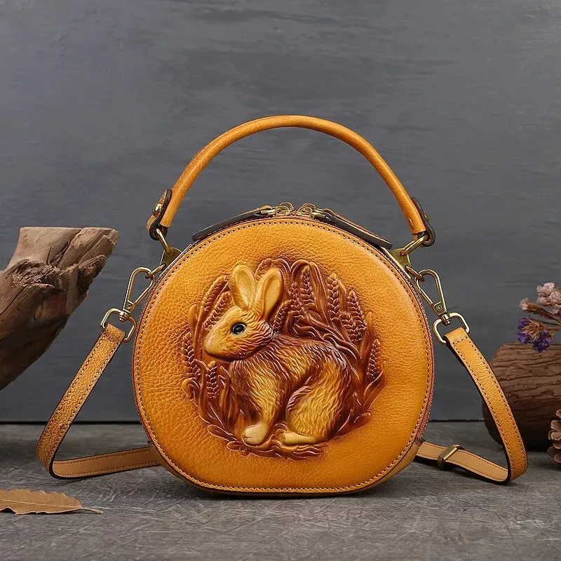 Arcadia Embossed Leather Round Handbag Circle Crossbody Bag for Women