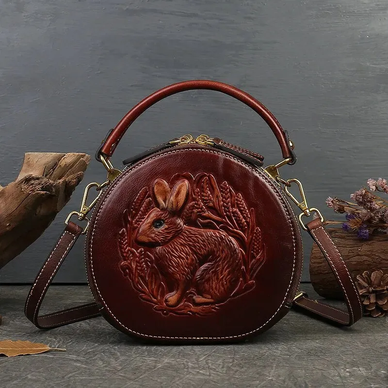 Arcadia Embossed Leather Round Handbag Circle Crossbody Bag for Women