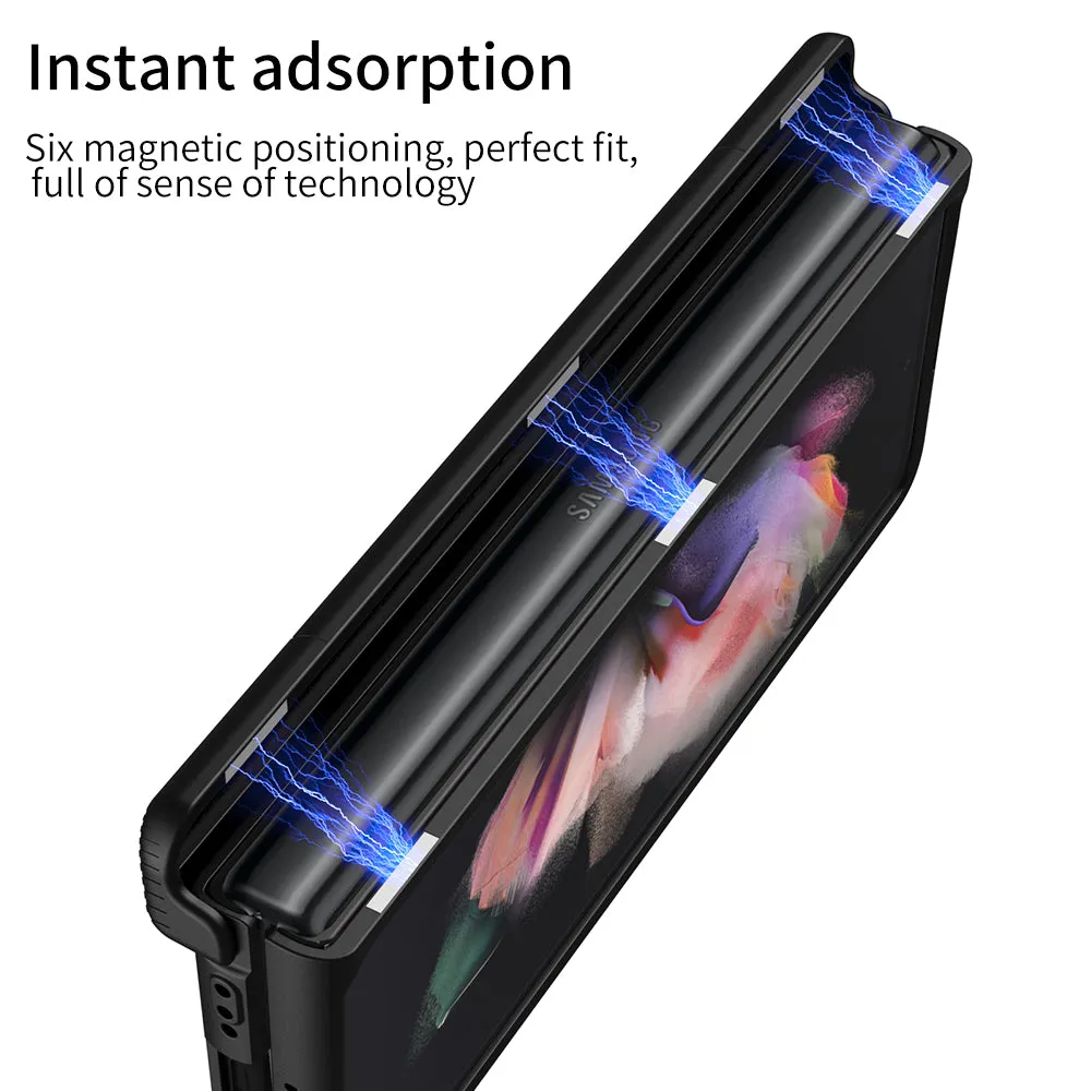 Armor Magnetic Screen Glass Case For Samsung Galaxy Z Fold 3 5G Bracket Stand Hard Fold Case Cover For Samsung Z Fold3 Funda
