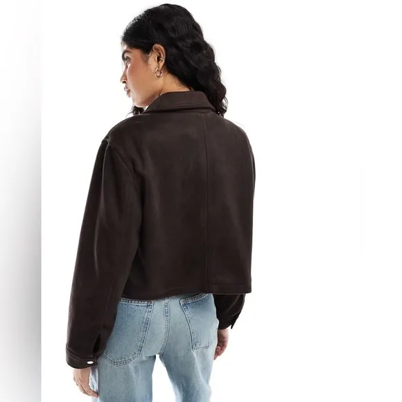 ASOS DESIGN SUEDETTE TOP COLLAR JACKET IN CHOCOLATE