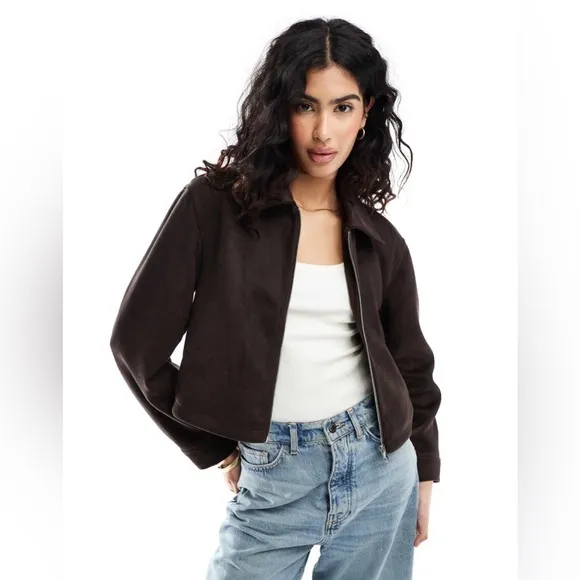 ASOS DESIGN SUEDETTE TOP COLLAR JACKET IN CHOCOLATE