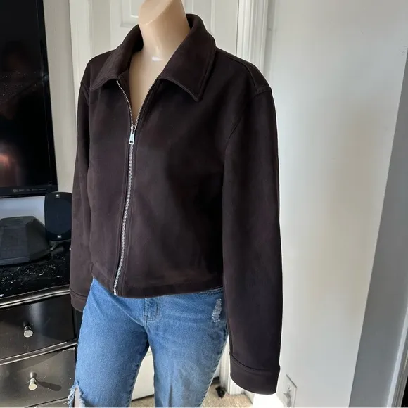ASOS DESIGN SUEDETTE TOP COLLAR JACKET IN CHOCOLATE