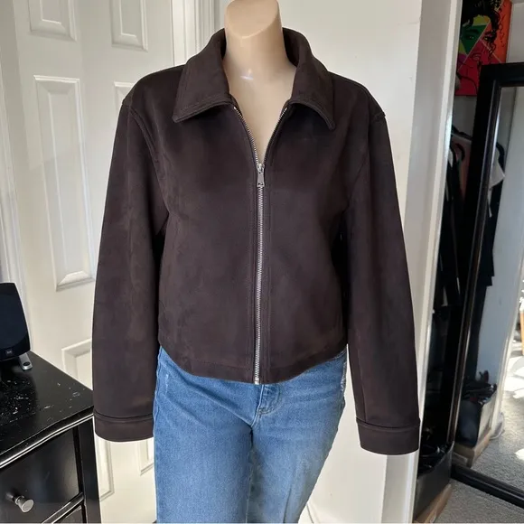 ASOS DESIGN SUEDETTE TOP COLLAR JACKET IN CHOCOLATE