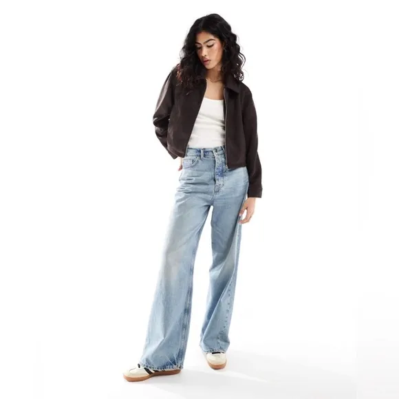 ASOS DESIGN SUEDETTE TOP COLLAR JACKET IN CHOCOLATE