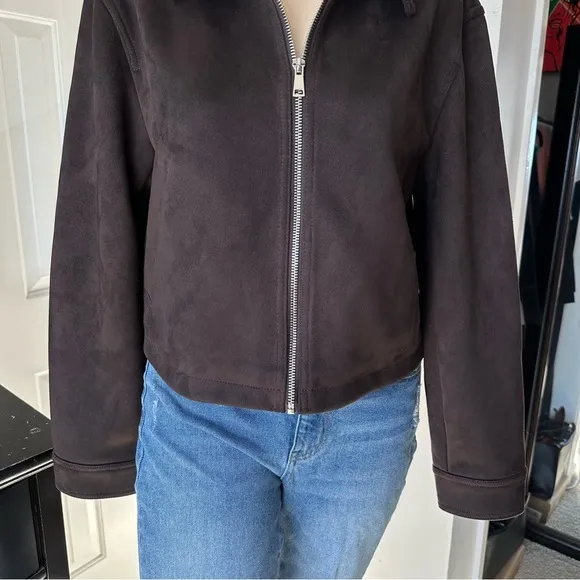 ASOS DESIGN SUEDETTE TOP COLLAR JACKET IN CHOCOLATE