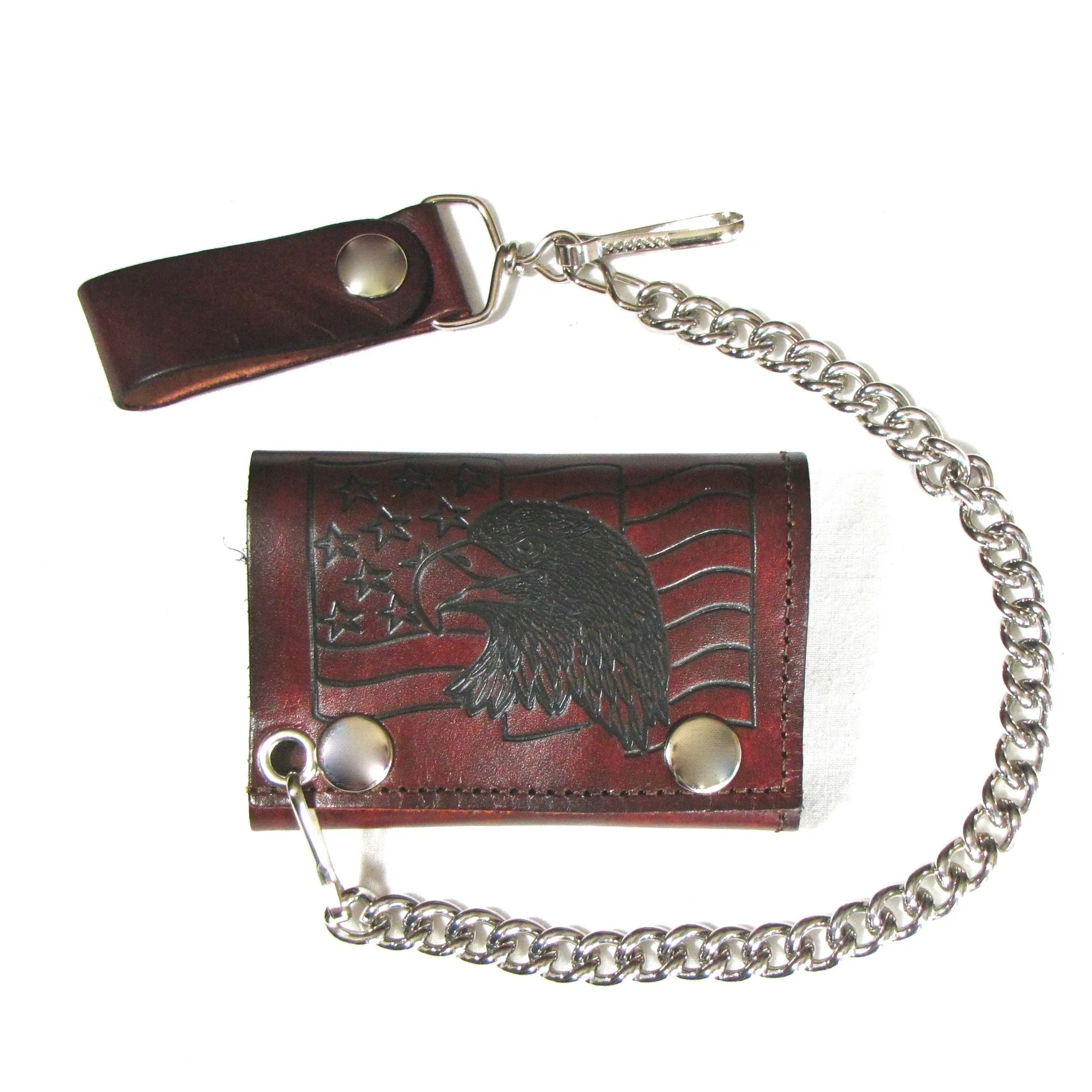 AT304-129  Antique Finish Tri-Fold Wallet w/ Chain- Eagle Head w/ Flag