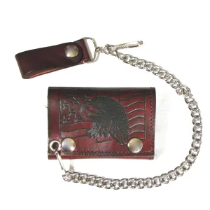 AT304-129  Antique Finish Tri-Fold Wallet w/ Chain- Eagle Head w/ Flag