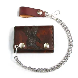 AT304-42  Antique Finish Tri-Fold Wallet w/ Chain- Flying Eagle