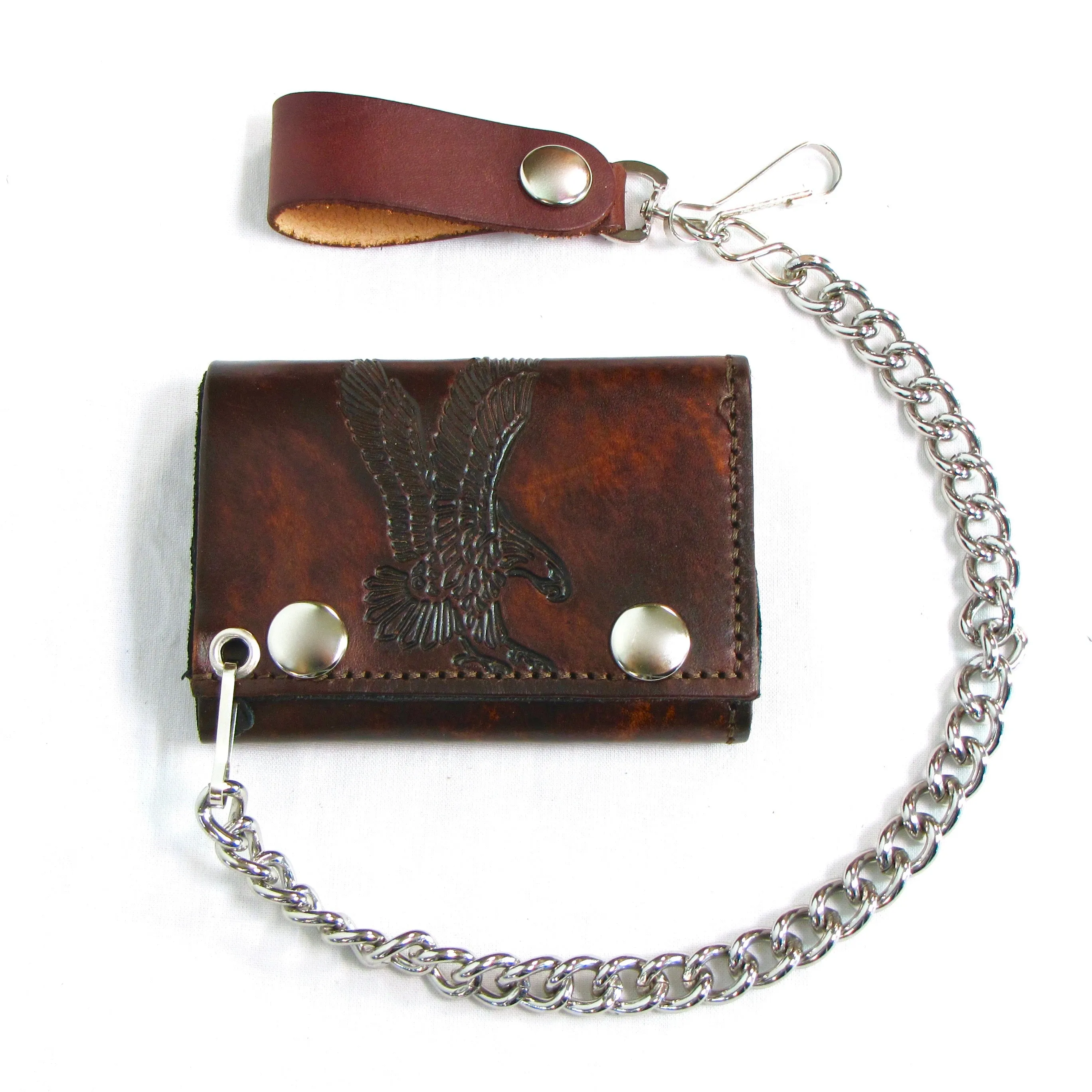 AT304-42  Antique Finish Tri-Fold Wallet w/ Chain- Flying Eagle
