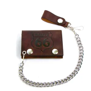 AT304-66  Antique Finish Tri-Fold Wallet w/ Chain- Route 66