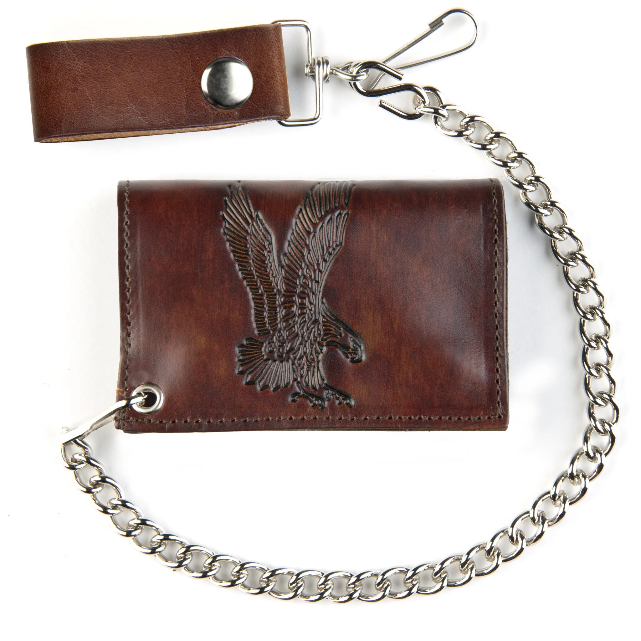 AT322-42  Antique Finish Tri-Fold Wallet w/ Chain- Flying Eagle