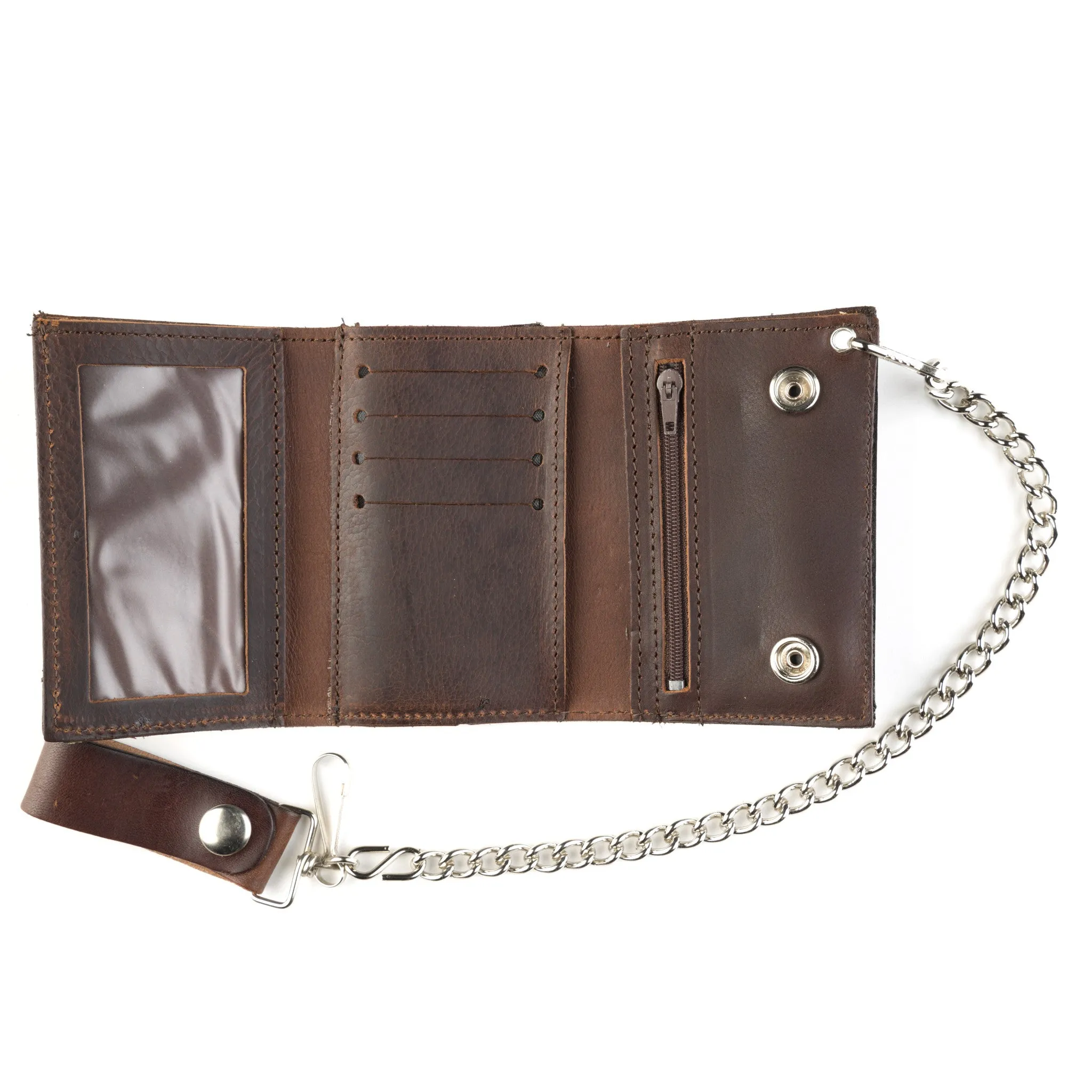AT322-42  Antique Finish Tri-Fold Wallet w/ Chain- Flying Eagle