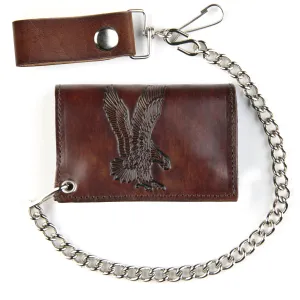 AT322-42  Antique Finish Tri-Fold Wallet w/ Chain- Flying Eagle