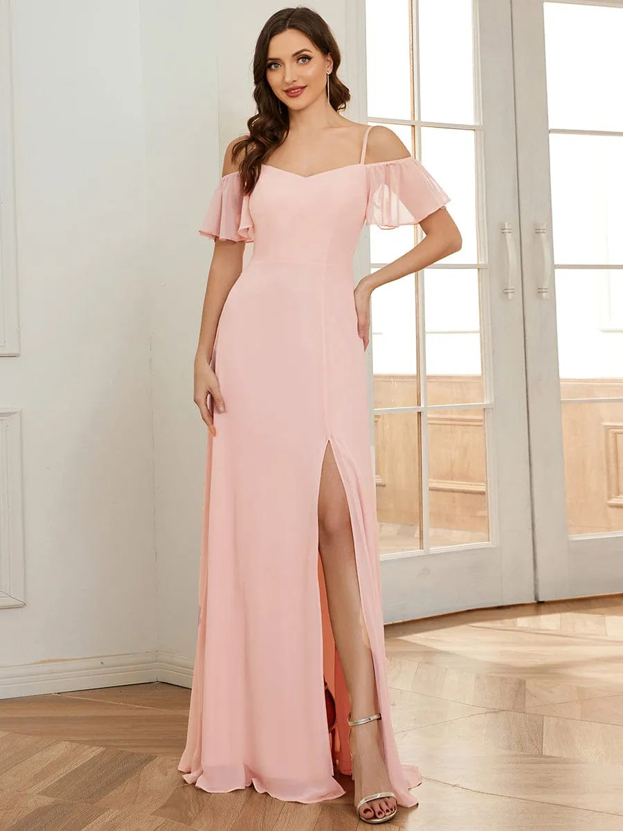 Aurora light pink cold shoulder bridesmaid dress with split s12 Express NZ Wide