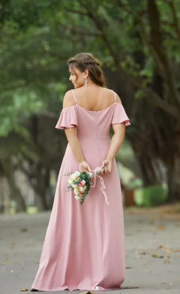 Aurora light pink cold shoulder bridesmaid dress with split s12 Express NZ Wide