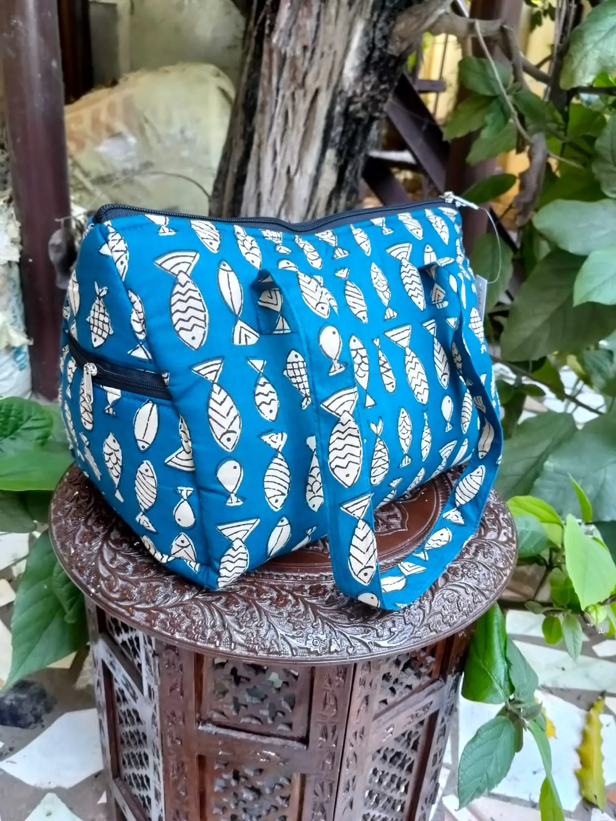 Barrel Handbags Blue Fish Print