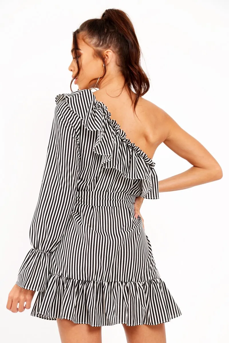 Black and White Stripe One Shoulder Frill Dress - Zyann