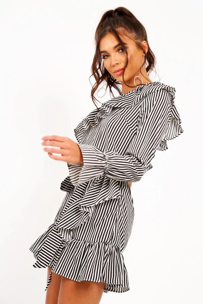 Black and White Stripe One Shoulder Frill Dress - Zyann