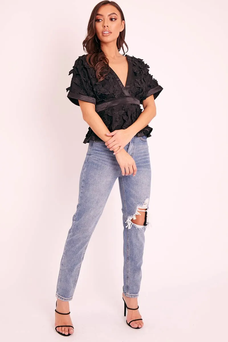 Black Butterfly Applique Plunging Neckline Top - Mallory