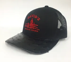 Black cap with black full quill ostrich visor