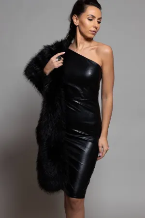 BLACK FAUX LEATHER ONE SLEEVE FIT MIDI DRESS