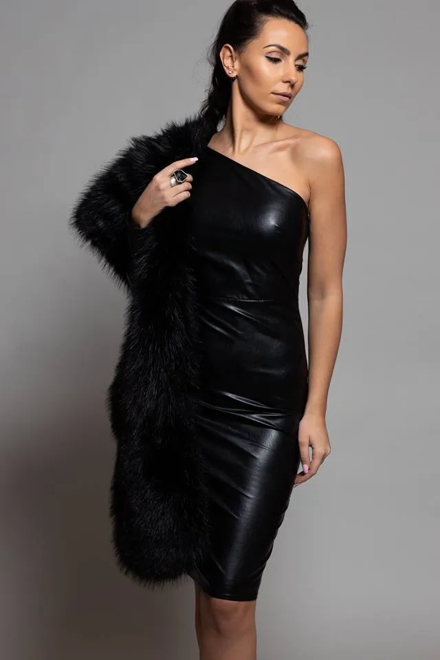 BLACK FAUX LEATHER ONE SLEEVE FIT MIDI DRESS
