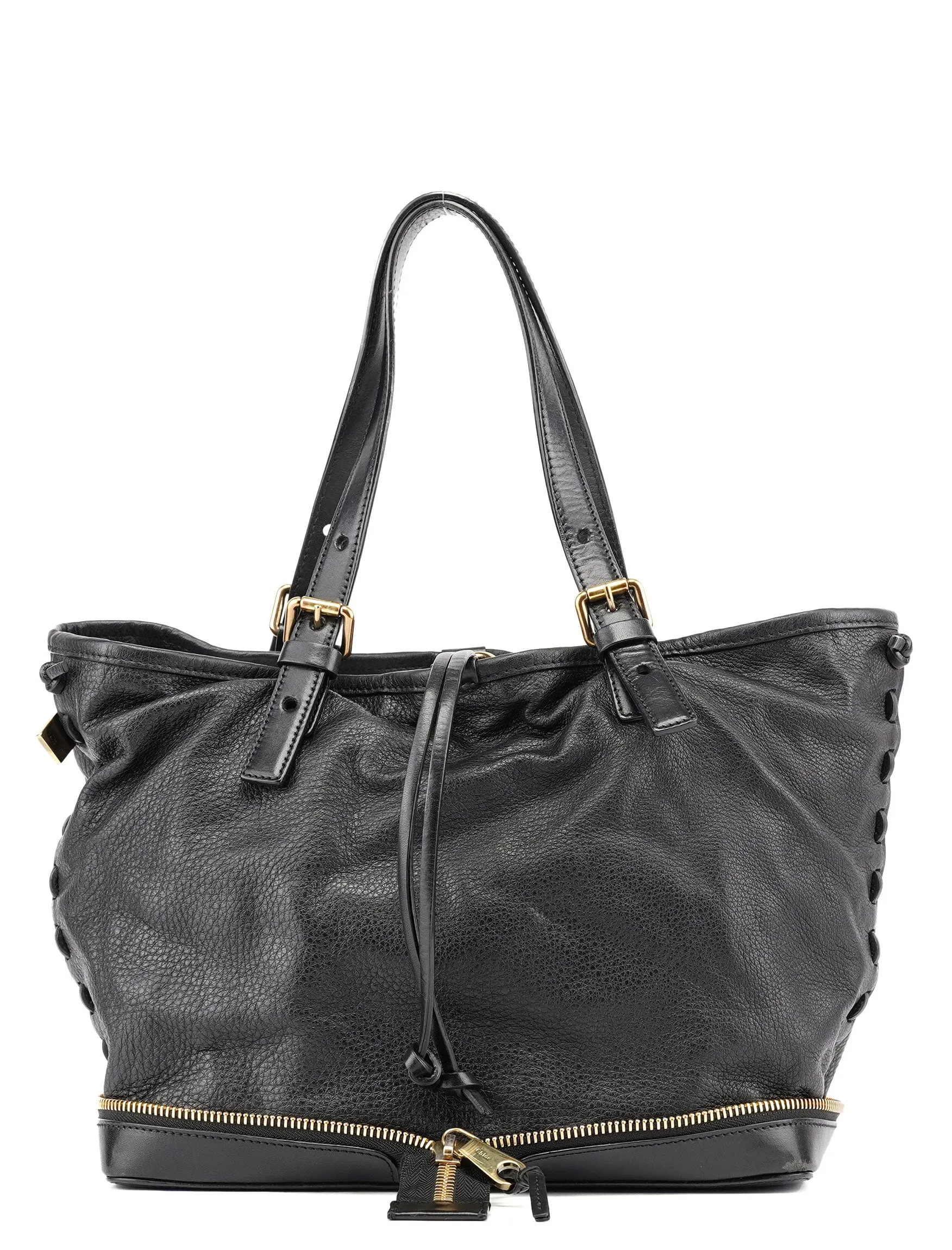 Black Leather Ellen Zippered Tote Bag