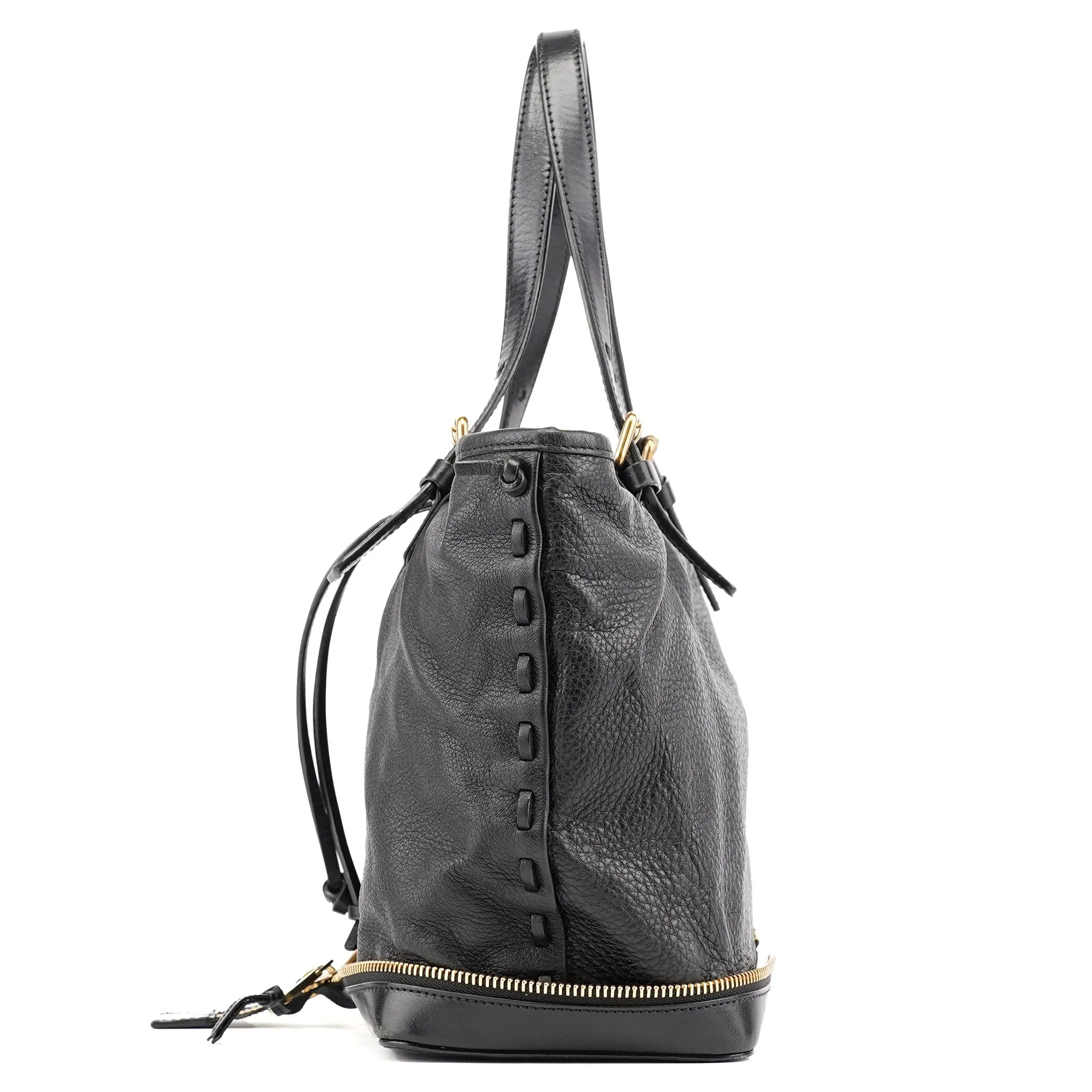 Black Leather Ellen Zippered Tote Bag