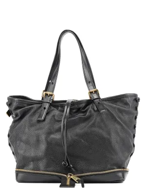 Black Leather Ellen Zippered Tote Bag