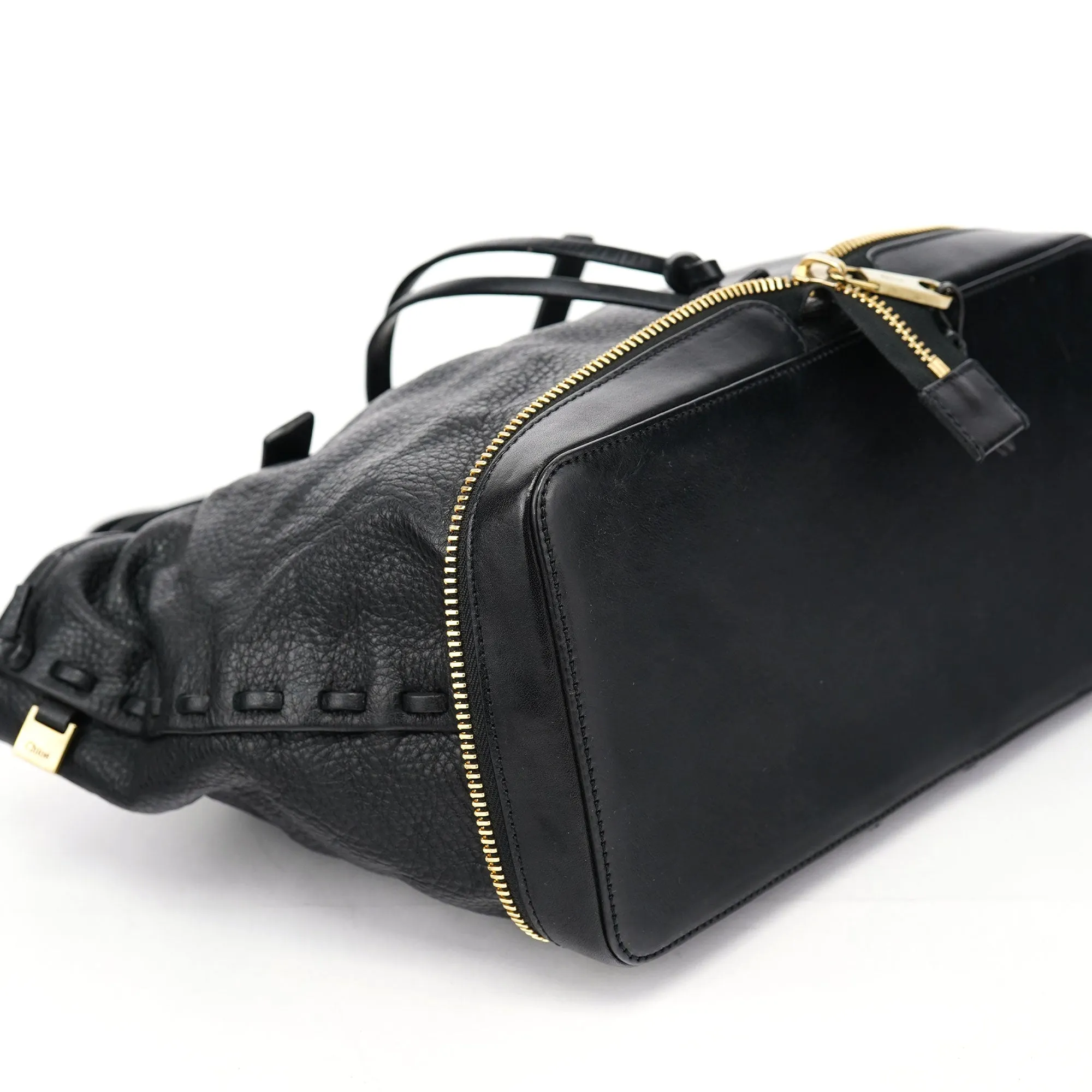 Black Leather Ellen Zippered Tote Bag