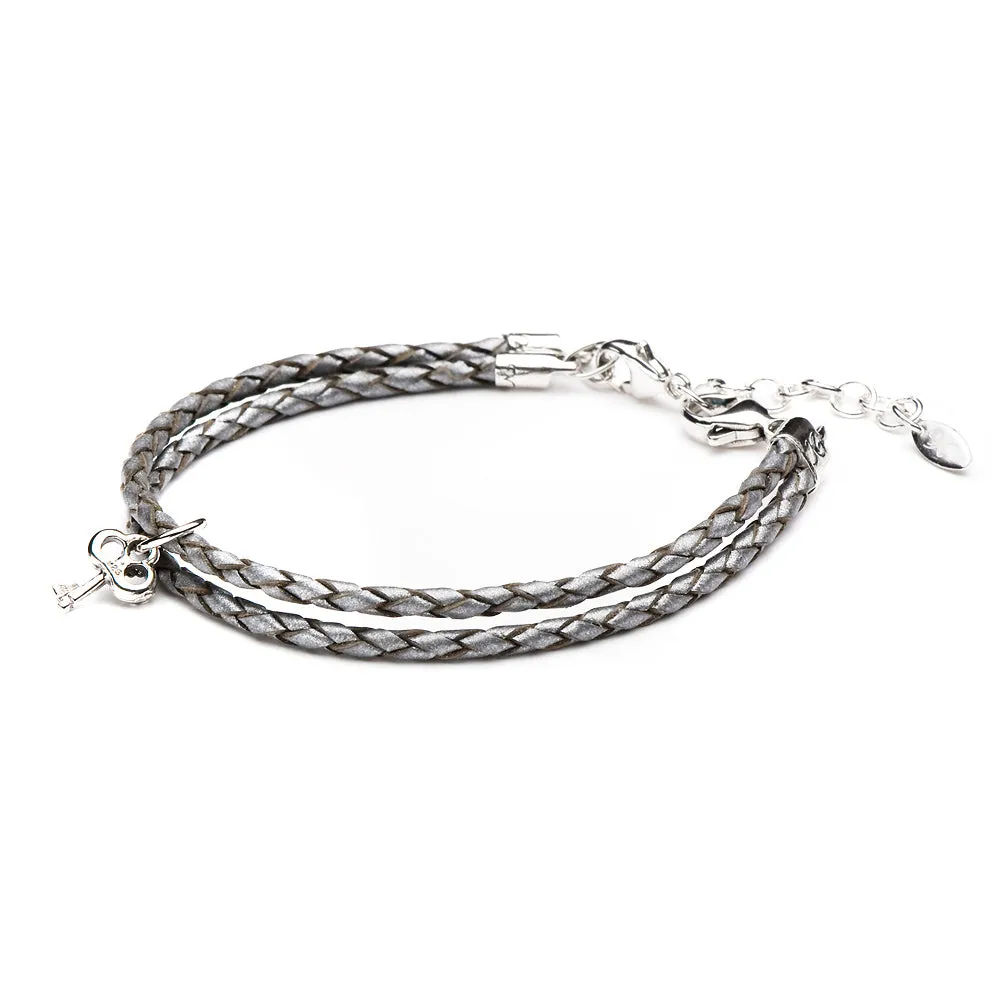 Bracelet Leather Braided - Silver, M (7-8.5inch/18-22cm)