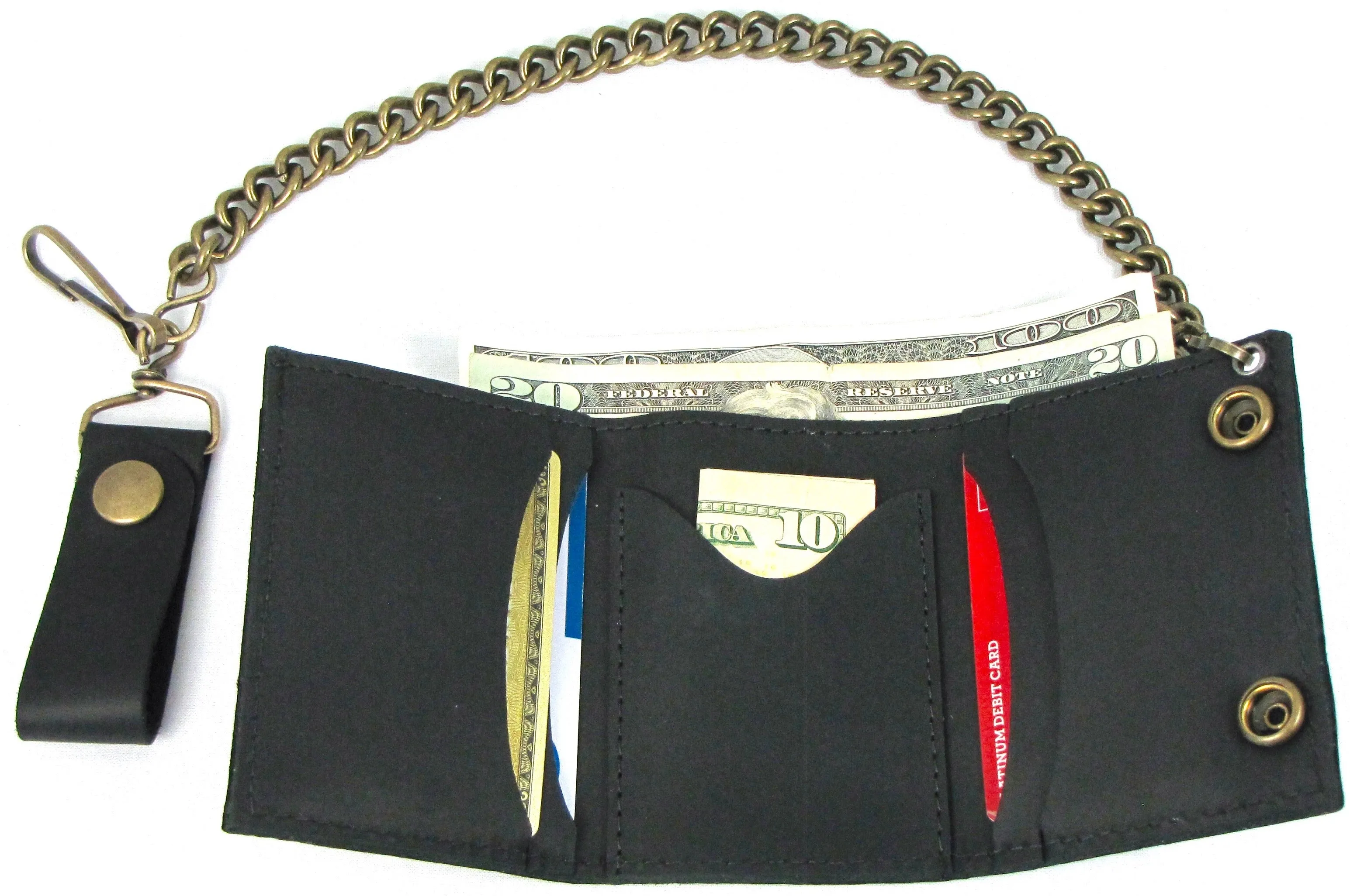 BTC334 Soft Grain Tri-Fold Wallet w/Antique Brass Snaps & Chain