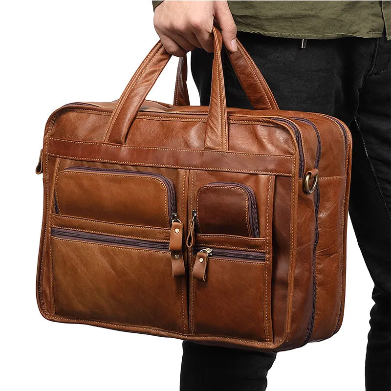 Business Travel Handbags Genuine Leather Brown Laptop Bags