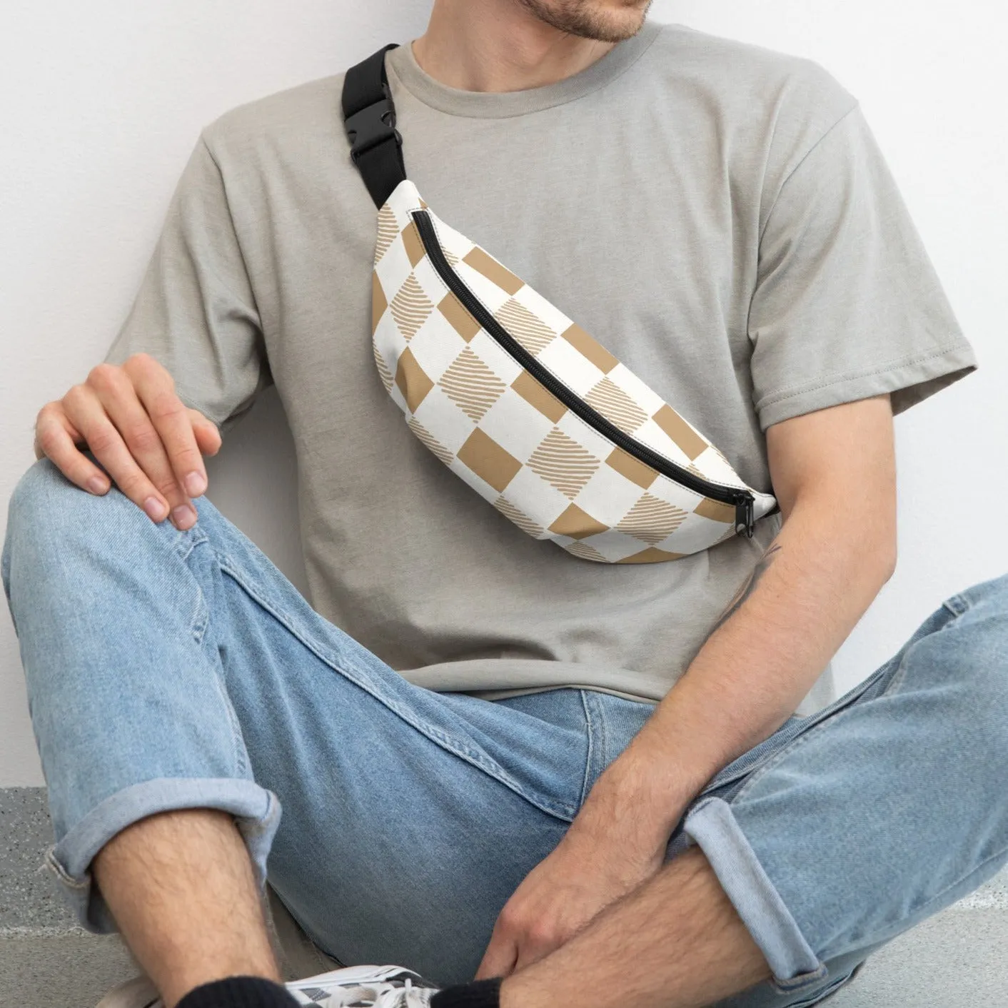 Camel & Cream Checkered Crossbody Pouch / Fanny Pack