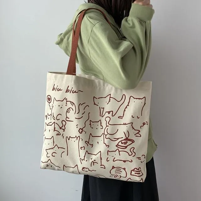 Canvas Bags Handbag for Women Shopper Cute Cat Tote Bag with Zipper Designer Bag Japanese Style Cartoon Small Shoulder Bags