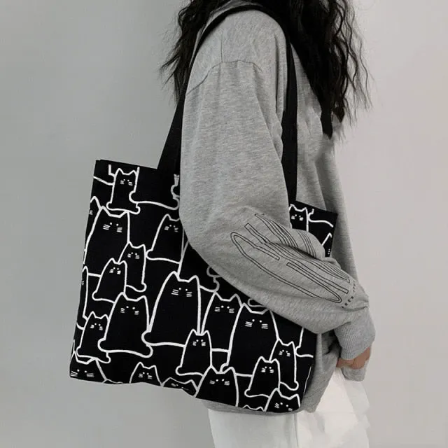 Canvas Bags Handbag for Women Shopper Cute Cat Tote Bag with Zipper Designer Bag Japanese Style Cartoon Small Shoulder Bags