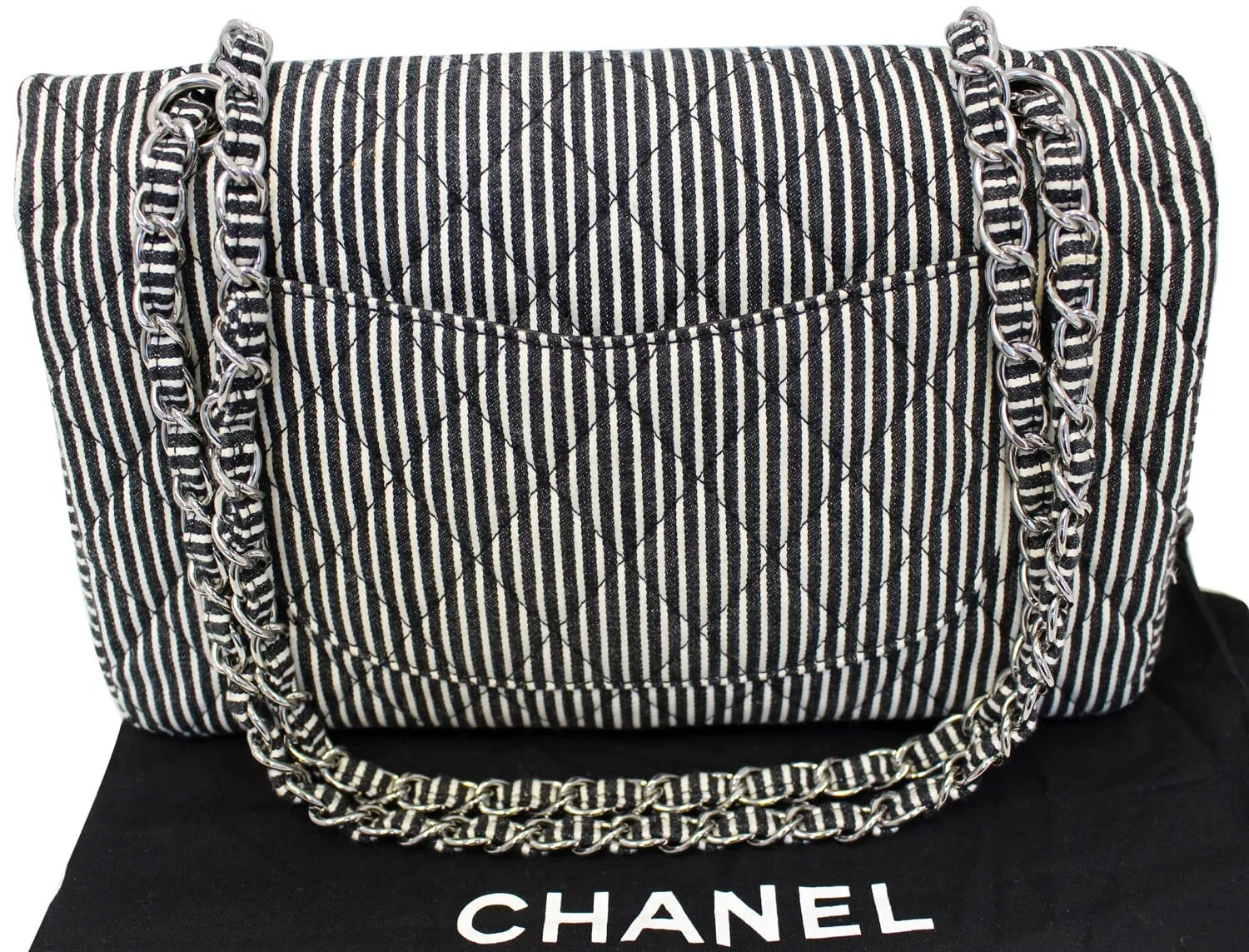 CHANEL Black/White Striped Medium Flap Shoulder Bag - Sale
