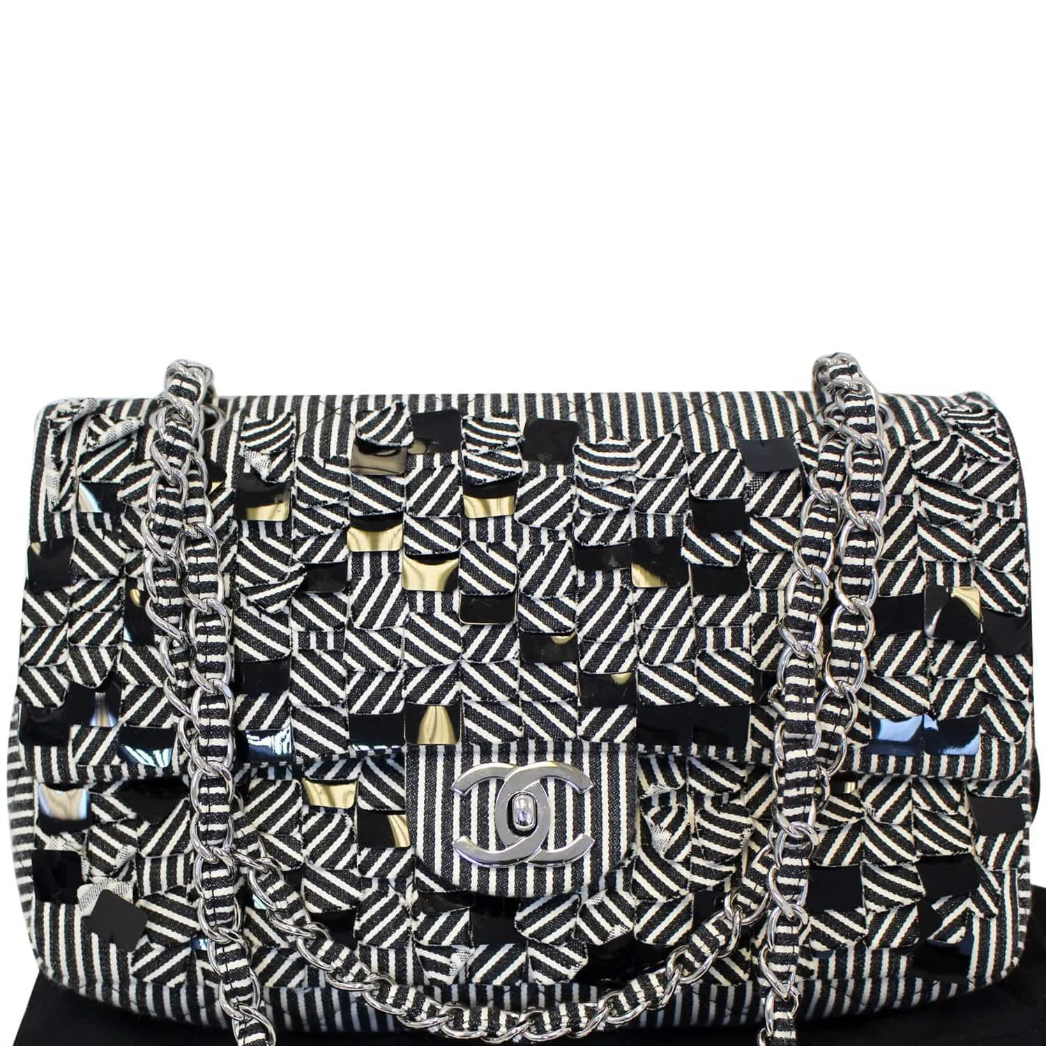 CHANEL Black/White Striped Medium Flap Shoulder Bag - Sale