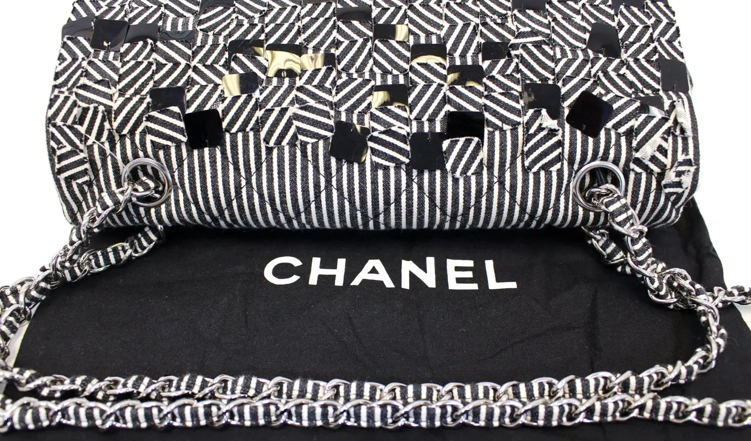 CHANEL Black/White Striped Medium Flap Shoulder Bag - Sale