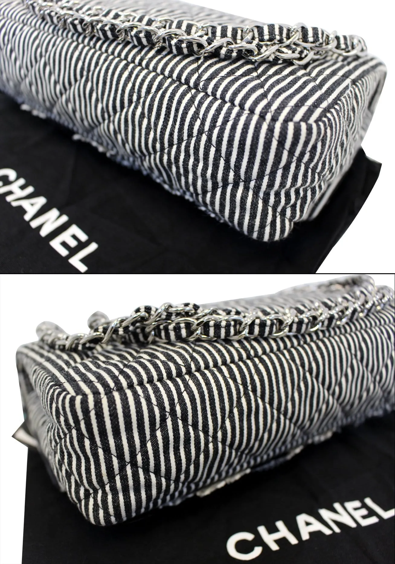 CHANEL Black/White Striped Medium Flap Shoulder Bag - Sale